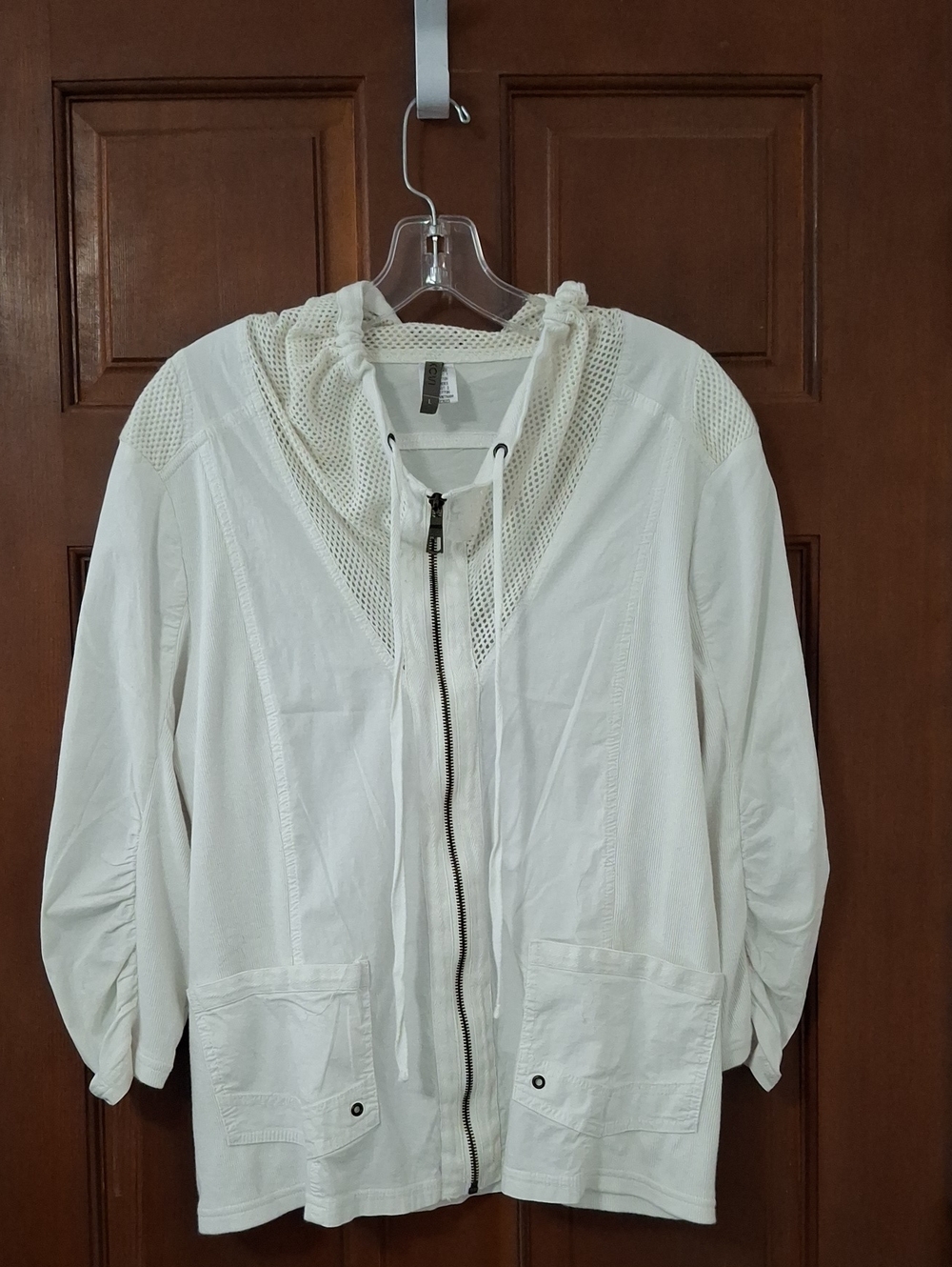 XCVI White Zip Front Utility Jacket Size Large Ruched Sleeve Mesh Trim Lagenlook
